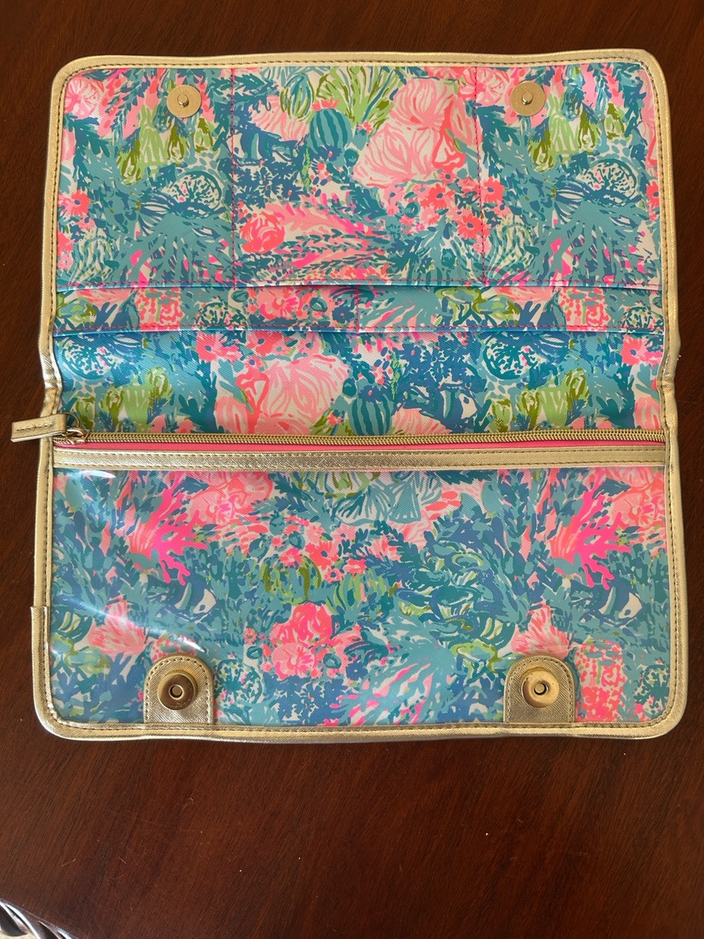 Lilly Pulitzer Travel Cosmetic Organizer Fold Up Makeup Case Gold Trim